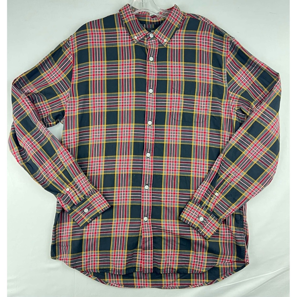 EUC Obey Worldwide Mens Plaid Button Down Shirt Black Red Yellow Long Sleeve XL